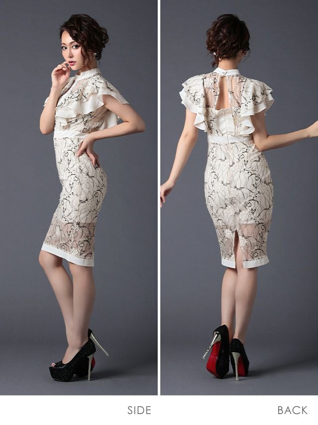 イメージ画像4 Tika S?XLサイズ フリルスリーブ刺繍タイトミディ丈ドレス 4サイズ展開 /レディース/キャバドレス キャバ嬢 キャバクラ キャバドレス ドレス ラウンジ スナック ナイトワーク お水