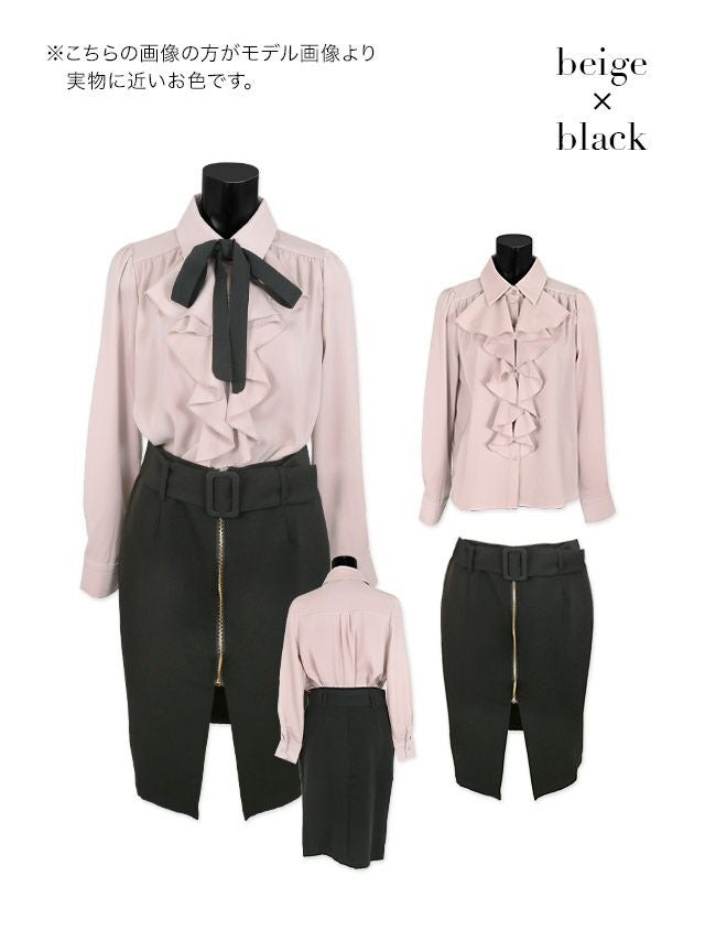 イメージ画像7 キャバドレス ミニ Tika ティカ ゆんころ着用 フリル ブラウス リボン ウエスト ベルト タイトスカート セットアップドレス ベージュ×ブラック SサイズMサイズ キャバ ドレス ナイトドレス ひざ丈 キャバ嬢 キャバクラ 通販