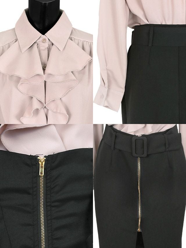 イメージ画像8 キャバドレス ミニ Tika ティカ ゆんころ着用 フリル ブラウス リボン ウエスト ベルト タイトスカート セットアップドレス ベージュ×ブラック SサイズMサイズ キャバ ドレス ナイトドレス ひざ丈 キャバ嬢 キャバクラ 通販