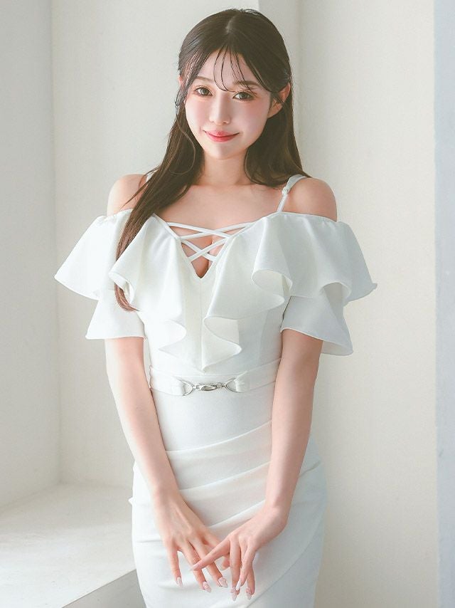 イメージ画像1 Tika 伊藤桃々着用 S?XLサイズ フリルデザインウエストベルトワンカラータイトミニドレス (ホワイト/グレー/ブラック) 4サイズ展開 /レディース/キャバドレス【キャバ嬢 キャバクラ キャバドレス ドレス ラウンジ スナック ナイトワーク お水】