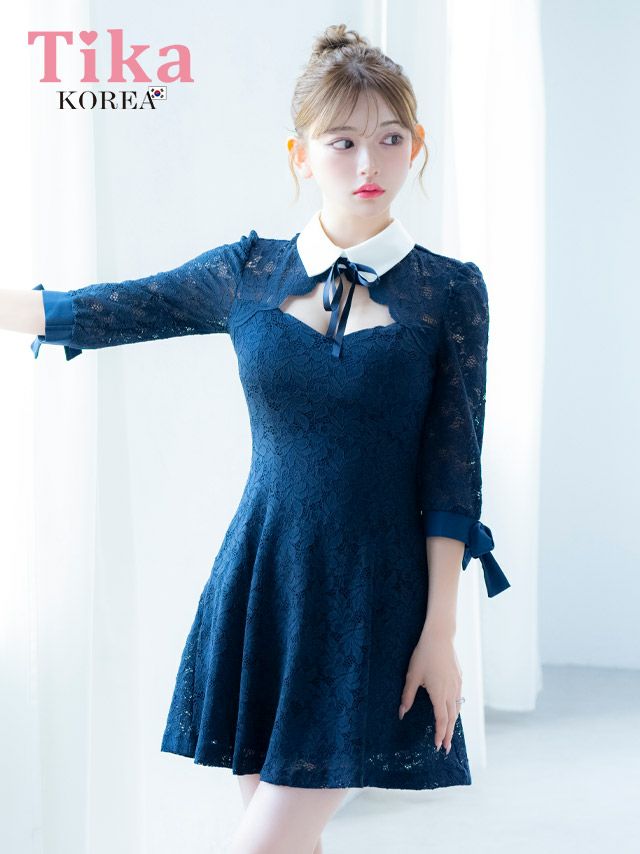 メイン画像 キャバドレス 韓国 ミニドレス 襟付き ネックリボン 総レース 袖あり 七分袖 Aライン キャバドレス (黒崎みさ着用) [tk-mdk511]