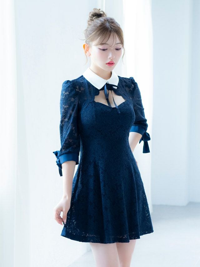 イメージ画像3 キャバドレス 韓国 [Tika/ティカ]明日花キララ着用 襟付き リボン 総レース フレア ミニドレス ネイビー S?Lサイズ 韓国ドレス キャバ ドレス aライン 大きいサイズ ミニ 膝丈 キャバワンピ 私服 シンプル ワンピース 紺 通販