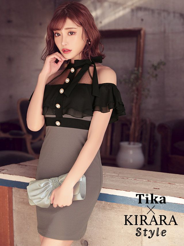 イメージ画像2 キャバドレス 大きいサイズ Tika ティカ 明日花キララ着用 ネックリボン ドット ブラック レース オープンショルダー タイト ミニドレス ブラック×ワインレッド ブラック×グレー S?XLサイズ キャバ ドレス タイトドレス ナイトドレス ミニ ひざ丈 キャバ嬢 キャバクラ 通販