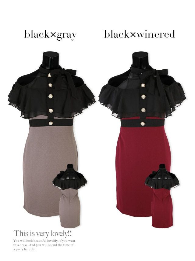 イメージ画像8 キャバドレス 大きいサイズ Tika ティカ 明日花キララ着用 ネックリボン ドット ブラック レース オープンショルダー タイト ミニドレス ブラック×ワインレッド ブラック×グレー S?XLサイズ キャバ ドレス タイトドレス ナイトドレス ミニ ひざ丈 キャバ嬢 キャバクラ 通販