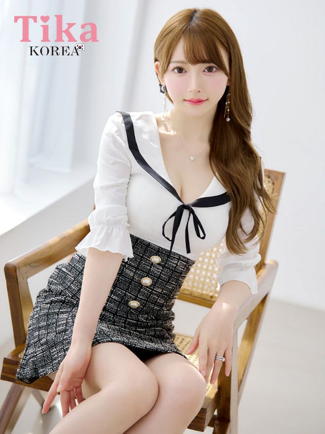 メイン画像 キャバドレス 韓国 ミニドレス 襟付き ネックリボン シフォン パフスリーブ ツイード チェック柄 袖あり 五分袖 Aライン キャバドレス (黒崎みさ着用) [tk-mdk114]