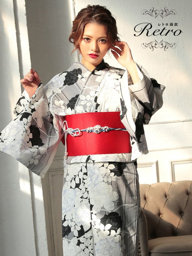 [浴衣 選べる帯] レトロ グレー 薔薇 モノクロ 3点セット (ゆかた・平帯or作り帯・下駄)