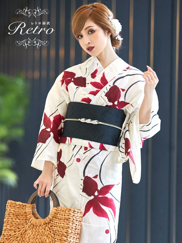 メイン画像 浴衣 セット レディース Tika ティカ ゆんころ着用 クリーム地に流水紋と優雅な金魚 ゆかた3点セット 浴衣+平帯or兵児帯+下駄 浴衣 可愛い かわいい レトロ モダン 大人 女性 女 安い 通販