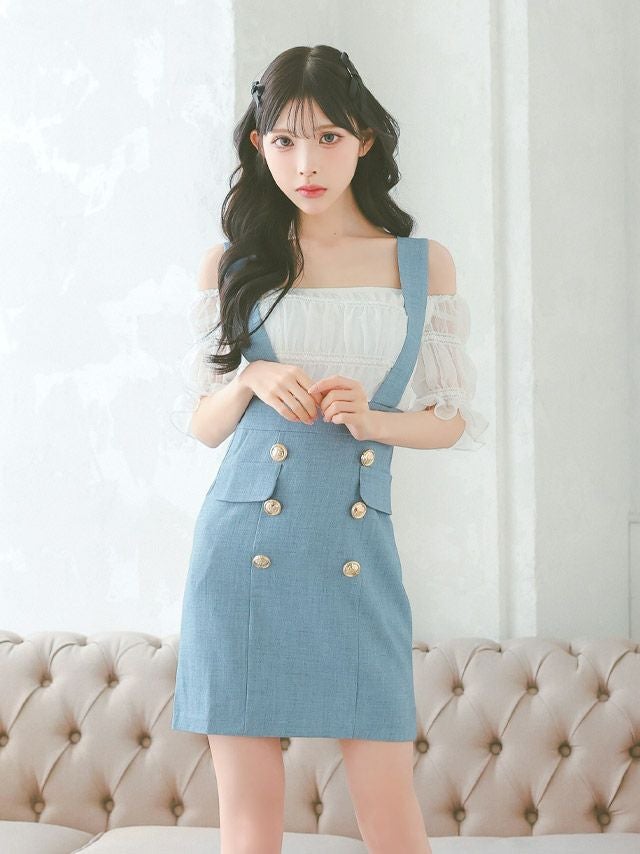 イメージ画像4 キャバドレス 韓国 [Tika/ティカ]久保七瀬着用 オフショル ギャザー サロペット風 タイト ミニドレス ホワイト×ブルー S?Lサイズ 韓国ドレス キャバ ドレス タイトドレス 大きいサイズ ミニ 膝丈 キャバワンピ 私服 シンプル ワンピース 白 青 通販