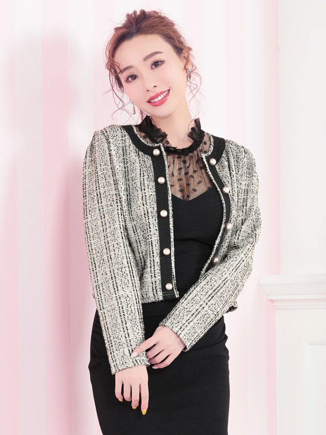 イメージ画像1 ノーカラーパールラインデザインツイードボレロカーディガン