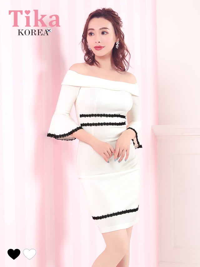 メイン画像 キャバドレス 韓国 膝丈ドレス オフショルダー 刺繍レース モノトーン 袖あり 七分袖 タイト キャバドレス (久保七瀬着用) [tk-mdk033]