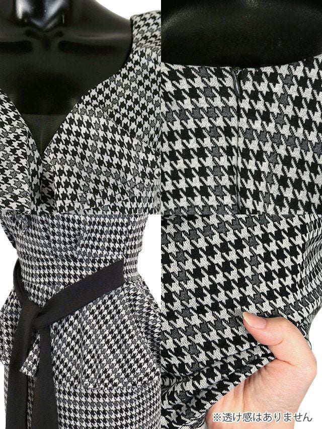 イメージ画像6 フリルスリーブペプラムウエストリボン千鳥柄タイトミニキャバドレス 大きいサイズ対応S?XXXLサイズ 千鳥格子
