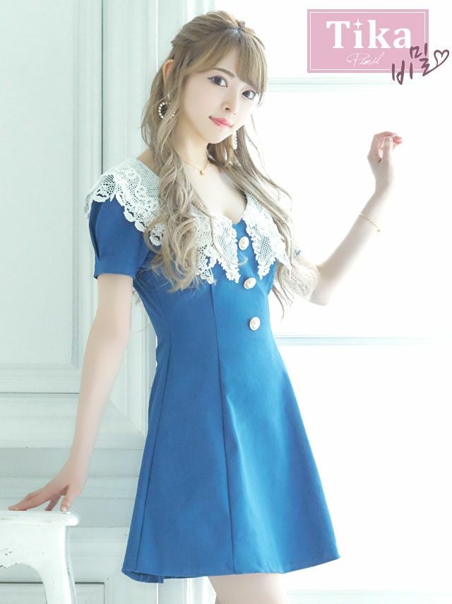 メイン画像 キャバドレス 韓国 ケミカルレース半袖フレアミニドレス (Sサイズ～Lサイズ) (黒崎みさ/キャバドレス着用)