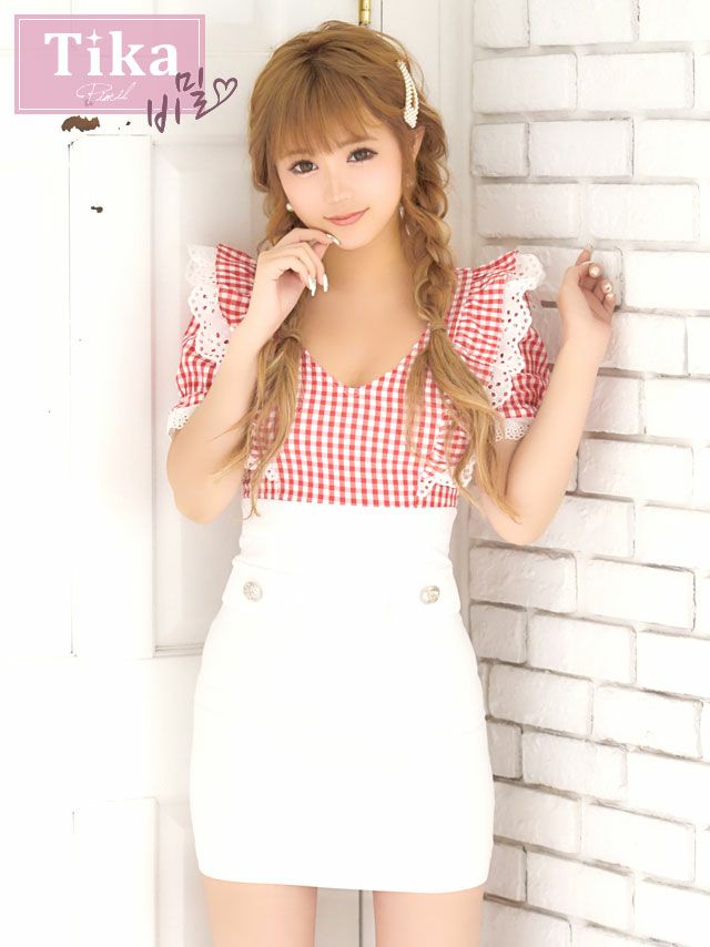 メイン画像 キャバドレス 韓国 ギンガムチェック柄フリル半袖タイトミニドレス (Sサイズ～Lサイズ) (聖菜/キャバドレス着用)