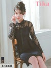 キャバドレス ミディアムドレス タイトドレス 大きいサイズ Tika ティカ ハイネックリボンブラックフラワーレースペプラムミディ丈ドレス