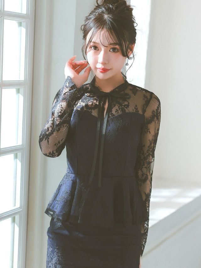 キャバドレス ミディアムドレス タイトドレス 大きいサイズ Tika ティカ ハイネックリボンブラックフラワーレースペプラムミディ丈ドレス