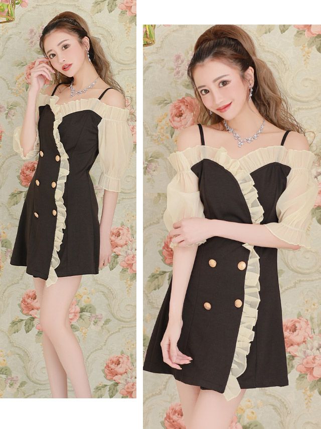 イメージ画像2 キャバドレス [Tika/ティカ]愛沢えみり着用 オープンショルダー シースルー フリル ダブルボタン フレア ミニドレス アイボリー×ブラック S?XLサイズ 安い 大きいサイズ ミニ aライン 袖あり 五分袖 袖付き 膝丈 キャバワンピ 私服 シンプル レトロ 通販