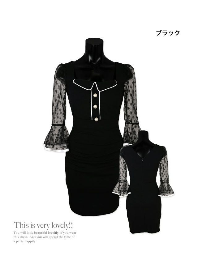 キャバドレス ミニドレス タイト 韓国 大きいサイズ 袖あり Tika ティカ ドットシースルーベルスリーブタイト袖ありミニドレス