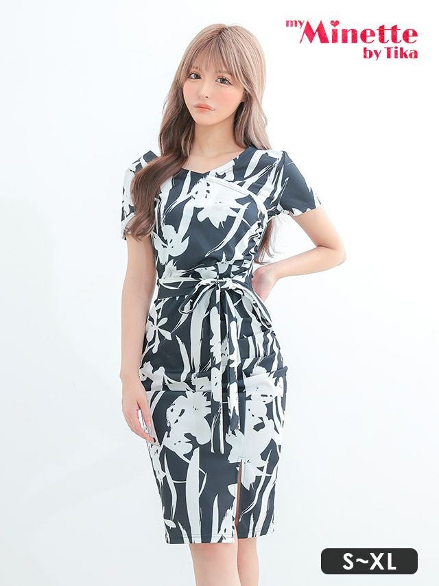 ウエストリボン総柄カシュクールタイトスリット膝丈プチプラ半袖ドレス