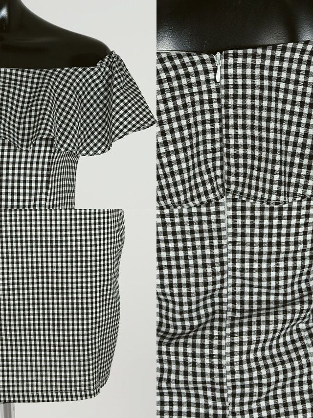 イメージ画像8 キャバドレス 激安 Tikaholic ティカホリック 中尾みほ着用 オフショル フリル ブロックチェック タイトドレス ブラック×ホワイトチェック S?Lサイズ キャバ ドレス 大きいサイズ タイトドレス ナイトドレス キャバ嬢 キャバクラ ラウンジ スナック 安い 通販