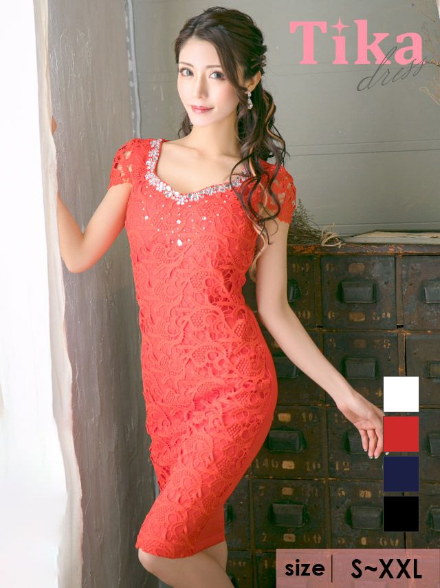 メイン画像 胸元ビジューレースパフ袖タイトミディドレス (ホワイト/ベージュ/レッド/ネイビー/ブラック) (Sサイズ/Mサイズ/Lサイズ/XLサイズ/XXLサイズ)