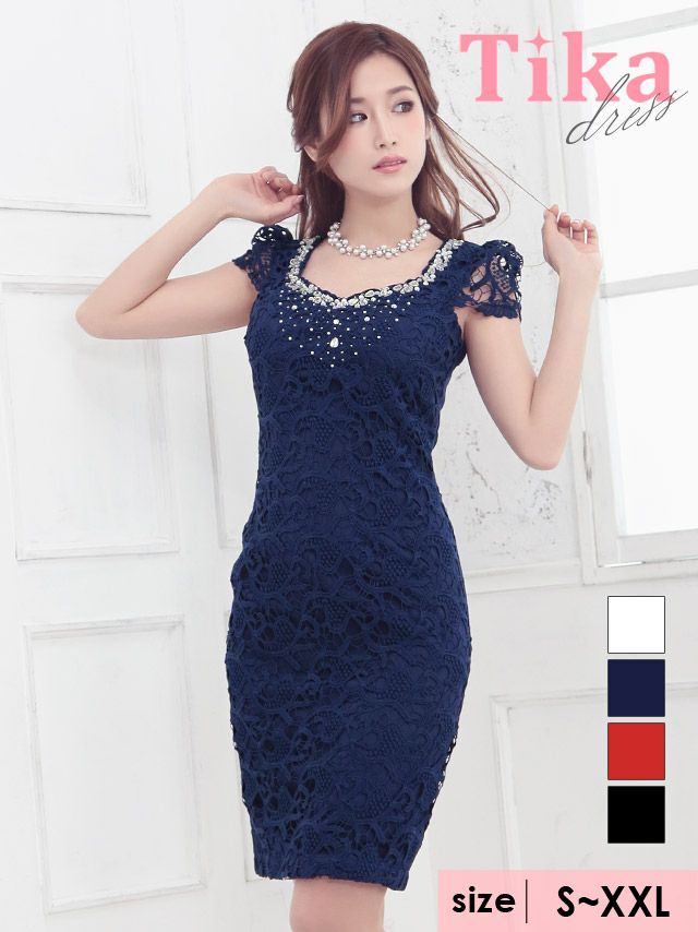 イメージ画像6 胸元ビジューレースパフ袖タイトミディドレス (ホワイト/ベージュ/レッド/ネイビー/ブラック) (Sサイズ/Mサイズ/Lサイズ/XLサイズ/XXLサイズ)