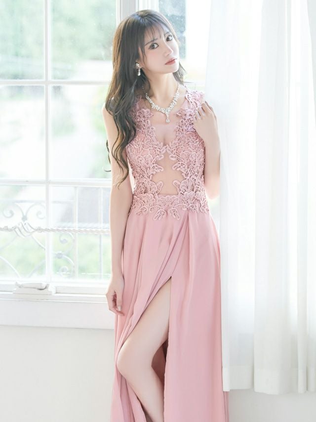 イメージ画像2 シースルーフラワー刺繍ビジューデザインAラインスリットロングドレス ロングドレス ロング丈 マキシ丈 キャバドレス キャバ クラブ ラウンジ キャバクラ ホワイト ピンク ブラック 白 黒 フレア 花柄 バースデー 誕生日 イベント ナイトドレス