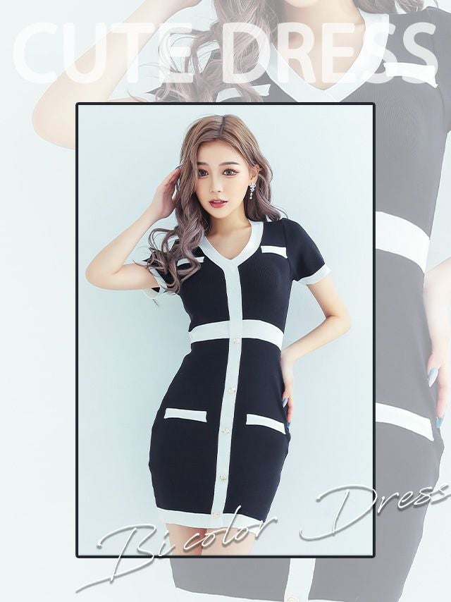 イメージ画像1 バイカラーニットタイトミニドレス キャバドレス キャバ キャバクラ スナック ラウンジ クラブ キャバクラドレス ミニドレス ミニ丈 ショート丈 膝丈 ホワイト ブラック ピンク 黒 白 半袖 袖あり 激安 安い プチプラ 通販