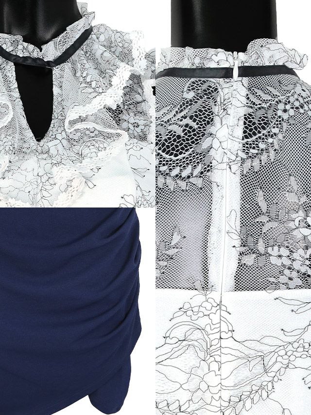 イメージ画像8 フラワーフリルレース切り替えアシメタイトミニドレス キャバ キャバクラ キャバドレス キャバクラドレス クラブ スナック ラウンジ ナイトドレス ミニ ミニ丈 膝丈 タイトドレス タイト ホワイト ネイビー ブラック グレー 白 黒 花柄 大きいサイズ