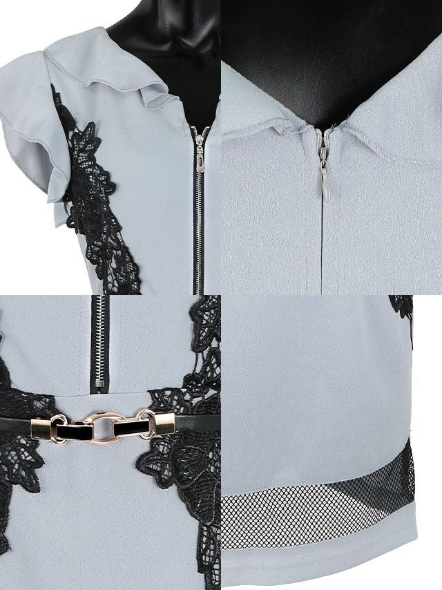 イメージ画像8 フロントファスナーデザインフラワー刺繍レースウエストベルト付きタイトミニドレス キャバドレス キャバ キャバクラ クラブ ラウンジ スナック キャバクラドレス ナイトドレス 膝丈 ミニ丈 半袖 袖あり 大きいサイズ タイトドレス ワンピース ワンピ ミニワンピ