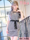 メイン画像 クロスネックフリルスリーブウエストリボンモノトーンチェックツイードタイトミニドレス キャバドレス キャバ キャバクラ クラブ ラウンジ スナック ラウンジ キャバクラドレス ナイトドレス チェック柄 ツイード ブラック ホワイト モノトーン 白 黒  可愛い 膝丈 ミニ丈 大きいサイズ