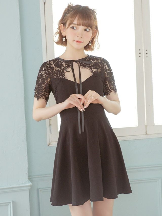 キャバドレス ミニドレス フレアドレス Aライン 大きいサイズ Tika ティカ レーススリーブネックリボンAラインフレアミニドレス