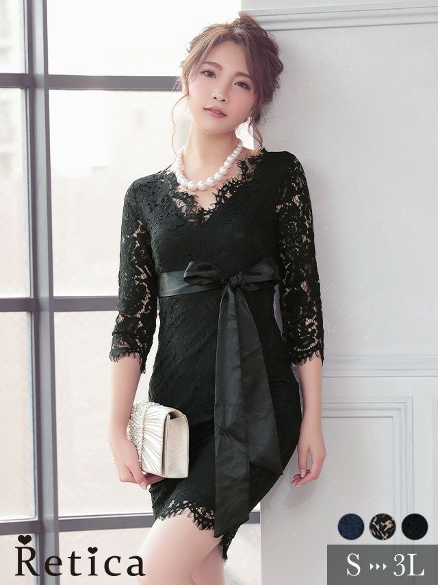 リボン大人デザイン肌見せミニ丈ブラックレーススリーブ結婚式パーティードレス