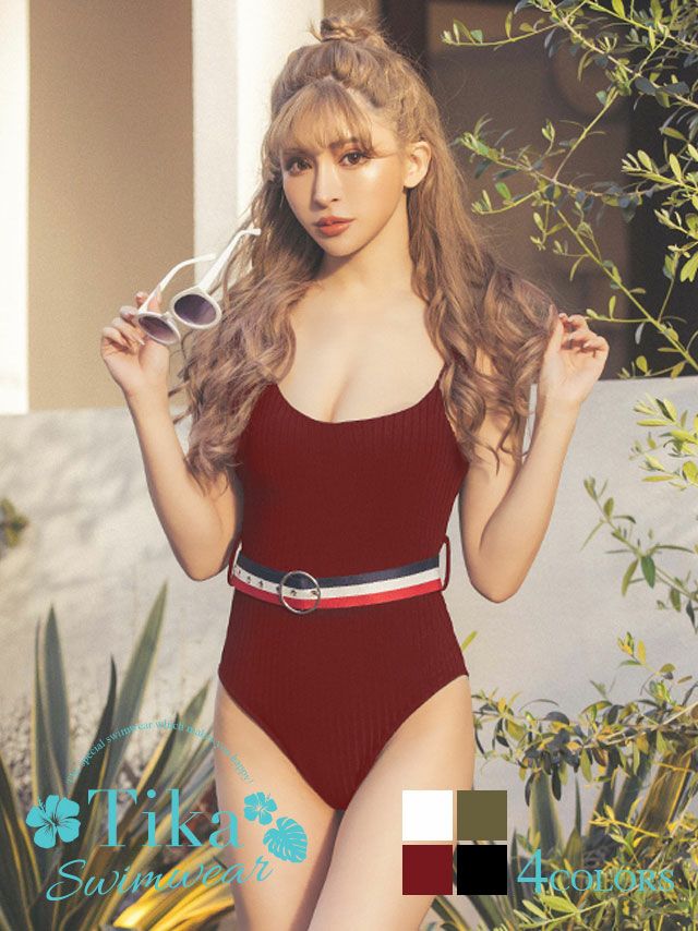 水着 トリコロールカラーベルト付体型カバーモノキニワンピースビキニ