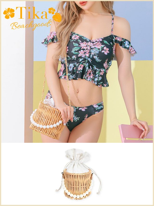 水着小物 ビキニにぴったり！ゴールドチェーン&パールチェーン付きラウンドかごバッグ