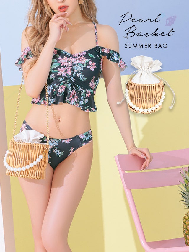 水着小物 ビキニにぴったり！ゴールドチェーン&パールチェーン付きラウンドかごバッグ