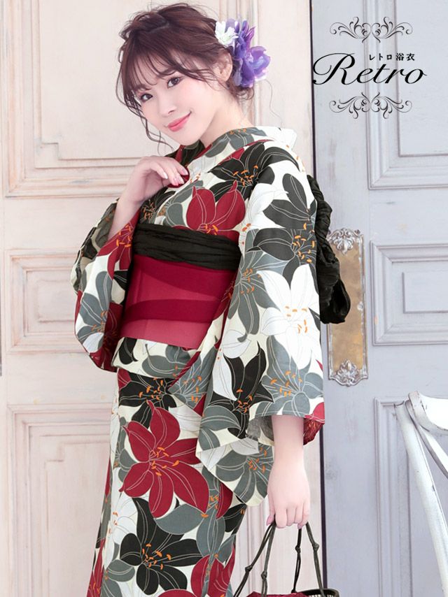 [浴衣] 4色百合柄 レトロシリーズ 3点セット (ゆかた・作り帯・下駄)