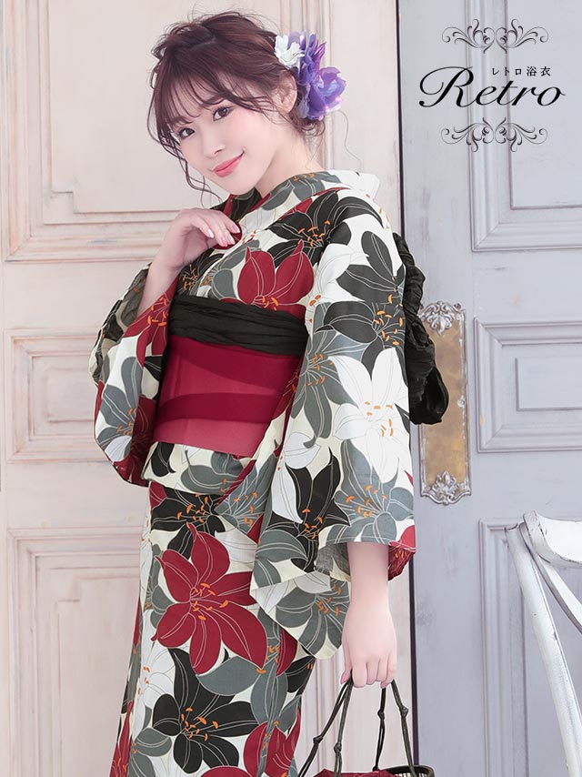 [浴衣] 4色百合柄 レトロシリーズ 3点セット (ゆかた・作り帯・下駄)