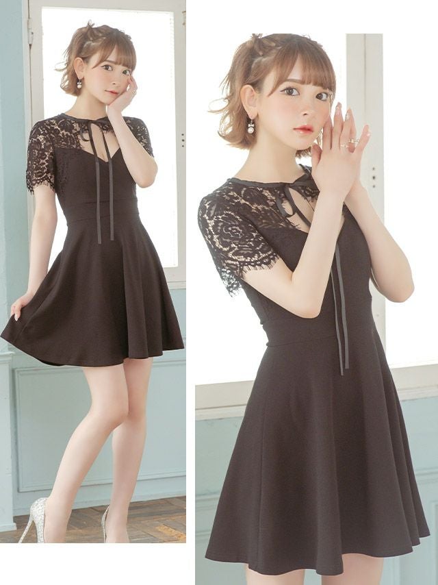 キャバドレス ミニドレス フレアドレス Aライン 大きいサイズ Tika ティカ ネックリボン袖レースAラインフレアミニドレス