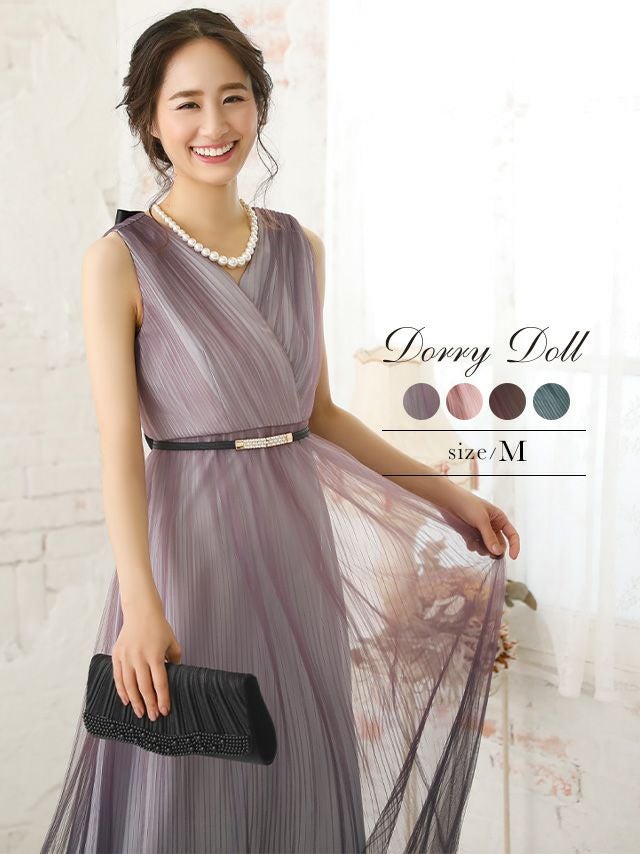 ウエストベルト肌見せプリーツミモレ丈結婚式パーティードレス DorryDoll