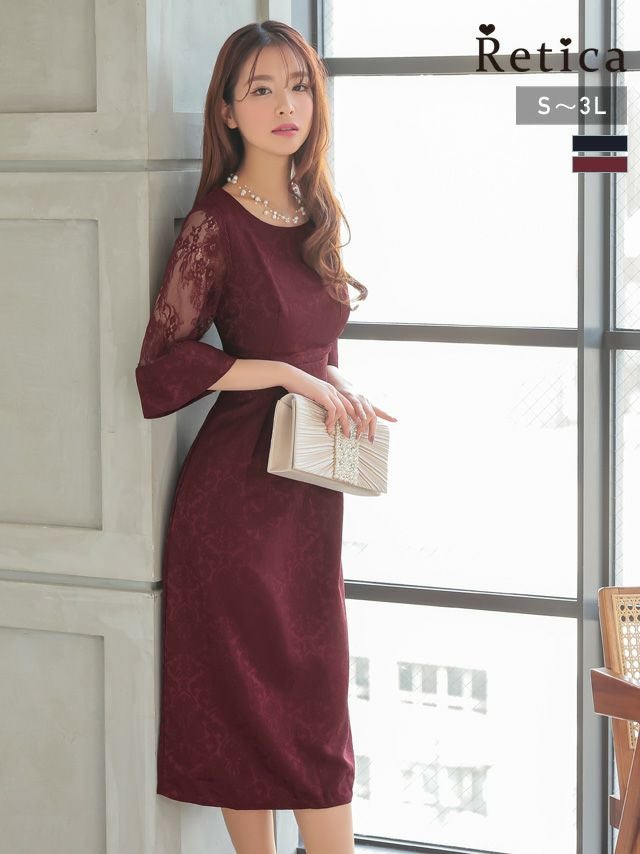 フラワー切り替え総柄ミモレ丈チュールスリーブ結婚式パーティードレス