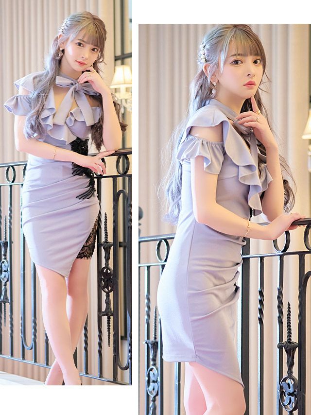 イメージ画像8 キャバドレス ミニ丈 ミニドレス Tika ワンショルフリルチョーカーリボンフラワー刺繍デザインアシメタイトミニドレス