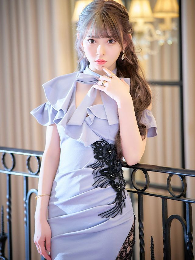 イメージ画像9 キャバドレス ミニ丈 ミニドレス Tika ワンショルフリルチョーカーリボンフラワー刺繍デザインアシメタイトミニドレス