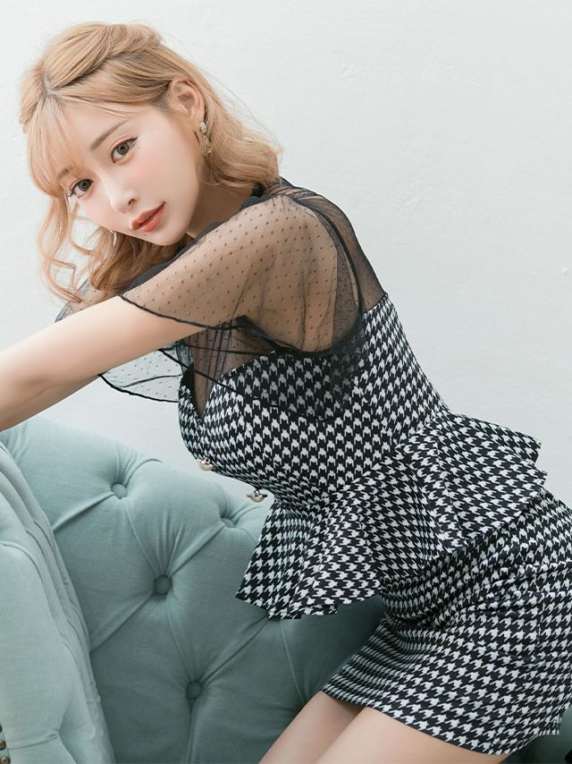 イメージ画像3 キャバドレス ミニドレス Tika シアーハイネックフレアスリーブ千鳥格子柄ペプラムタイトミニドレス チェック柄