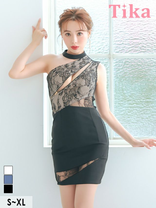 メイン画像 キャバドレス ミニドレス 大きいサイズ Tika ティカ ワンショルダーシッパーデザインブロッサムレース切り替えタイトミニドレス