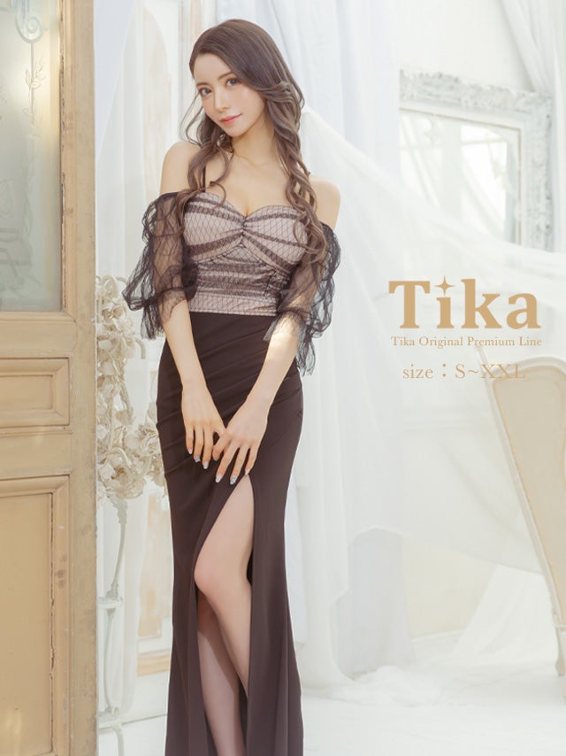 ロングドレス タイト 袖あり オフショルダー キャミソール ストレッチ セクシー 谷間 マーメイド スリット 肩あき ラウンジ 二の腕カバー チュール 黒 XXL 3L 大きいサイズ (一条響着用) [tk-ld91965]