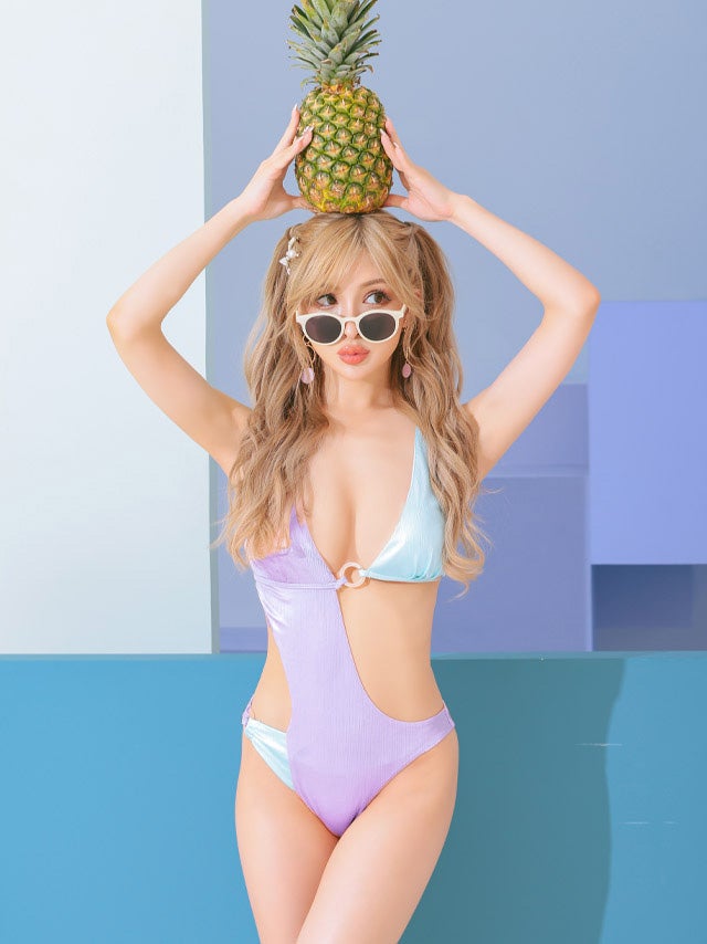 水着] カットアウトリング グリッター 三角 モノキニ セクシーピンク紫