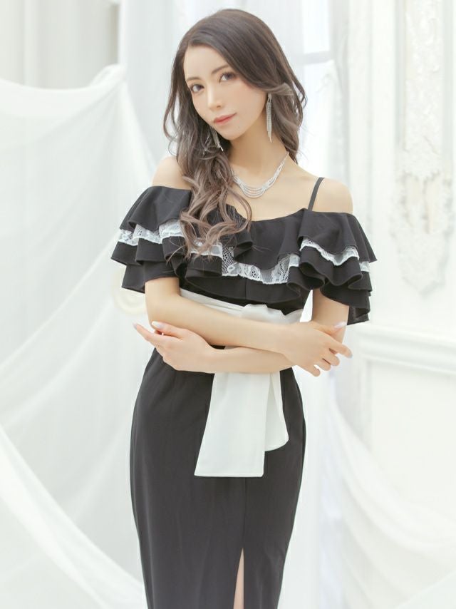 イメージ画像1 キャバドレス ロングドレス マキシ丈 ロング丈 大きいサイズ Tika ティカ ティアードフリルタイトスリットロングドレス