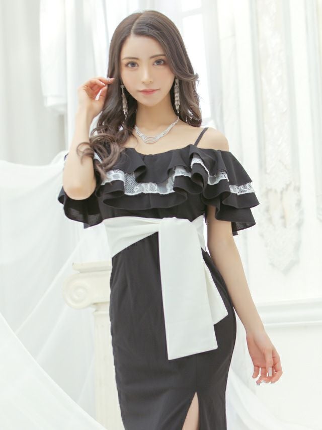 イメージ画像2 キャバドレス ロングドレス マキシ丈 ロング丈 大きいサイズ Tika ティカ ティアードフリルタイトスリットロングドレス