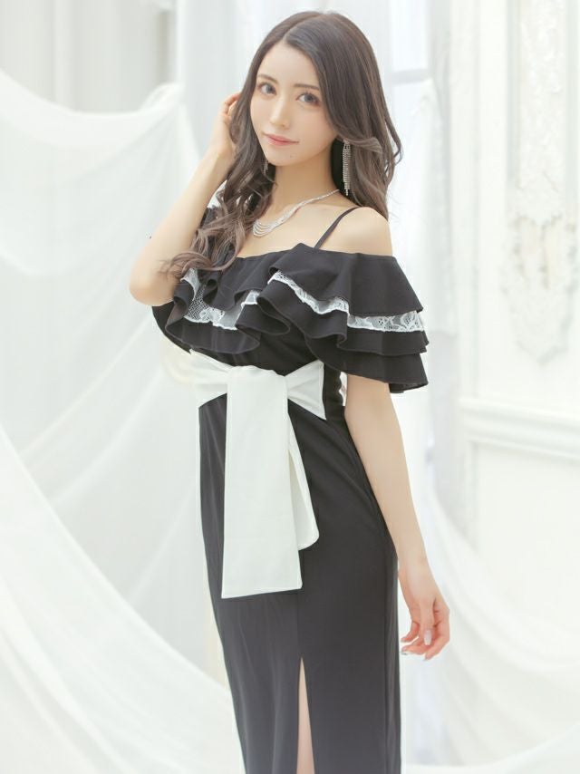 イメージ画像11   キャバドレス ロングドレス マキシ丈 ロング丈 大きいサイズ Tika ティカ ティアードレースフリルオフショルダータイトスリットバイカラー ロングドレス