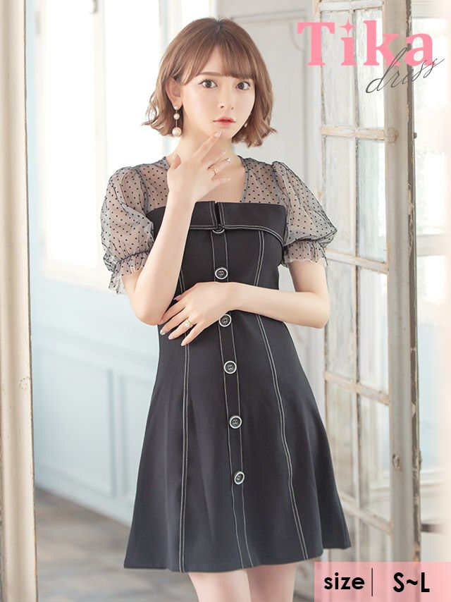 ドット柄 シアー切り替え パフスリーブ 半袖 フレア 胸元カバー ミニドレス (Sサイズ～Lサイズ) (黒崎みさ/キャバドレス着用)